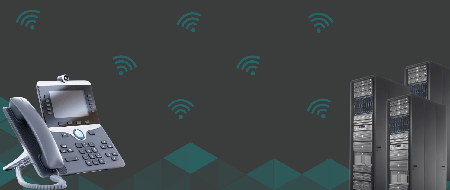 Eine digitale Illustration zeigt links ein Tischtelefon und rechts ein Server-Rack vor einem dunklen Hintergrund, was die Systemadministration symbolisiert. Darüber schweben WLAN-Symbole, während geometrische Muster die Szene darunter verschönern.