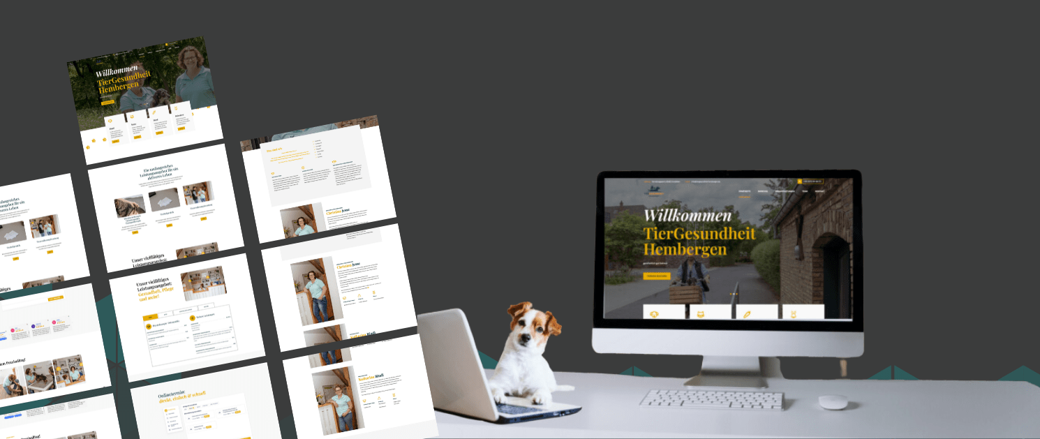 Ein Hund sitzt vor einem Computerbildschirm, auf dem eine Tierarzt-Website angezeigt wird, die Experten-Homepageentwicklung hervorhebt. Daneben sind weitere Website-Layout-Vorschauen auf einem grauen Hintergrund aufgefächert.