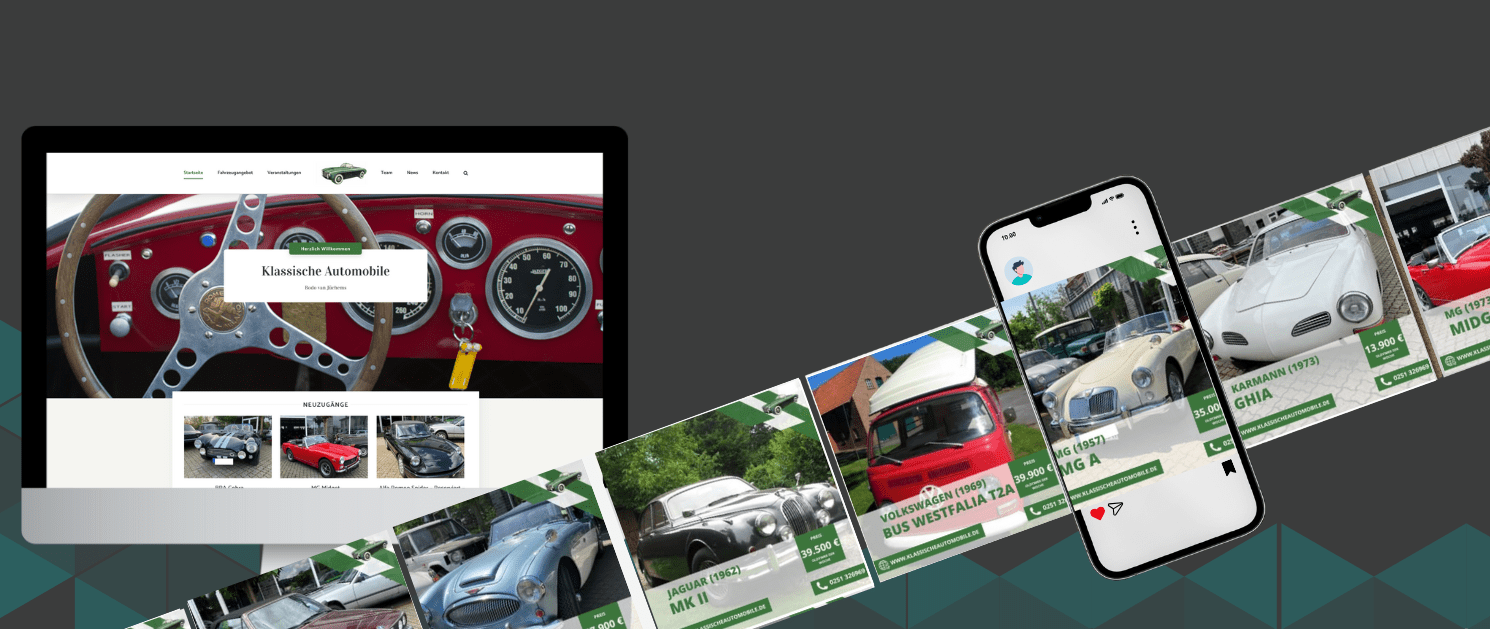 Auf einem Laptop und einem Smartphone wird eine von einem Social Media Manager kuratierte Website zu Oldtimern angezeigt, die atemberaubende Bilder von Oldtimern zeigt, wie ein rotes Armaturenbrett und farbenfrohe Modelle. Die Website trägt den Titel „Klassische Automobile“.