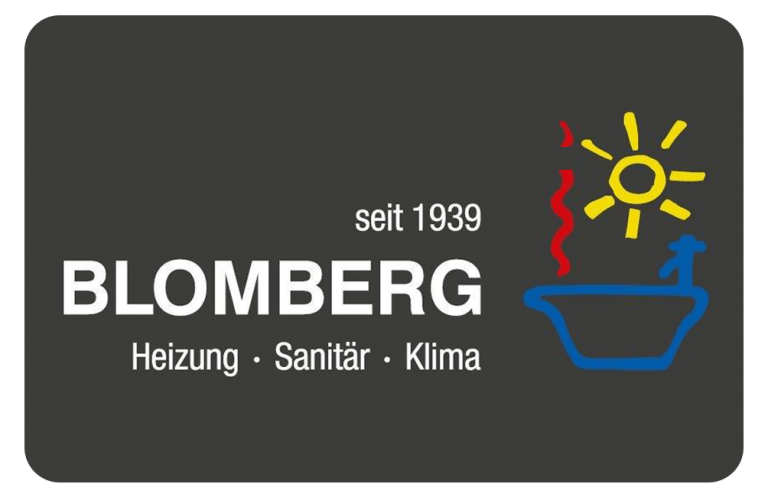 Logo von „BLOMBERG“ mit dem Text „seit 1939“ oben. Darunter steht „Heizung · Sanitär · Klima“. Rechts eine farbenfrohe Strichzeichnung mit Badewanne, Wasserhahn, Sonne und Dampf – eine Anspielung auf die Ära der Digitalisierung bei Komfortlösungen.